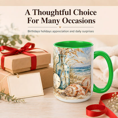 #pl[15oz|Green] Watercolor Seashell Coffee Mug, Coastal Beach Mug, Ceramic Cup