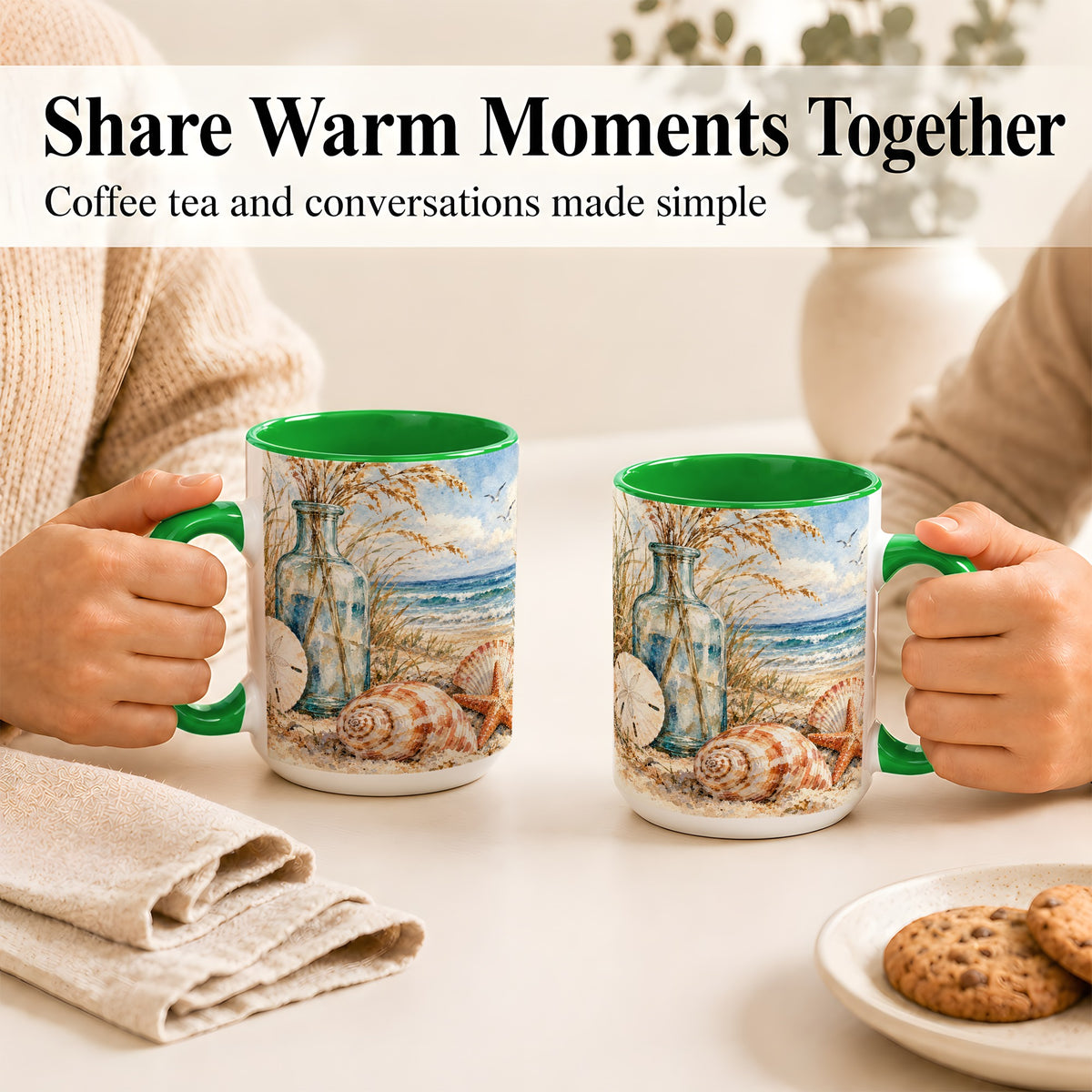 #pl[15oz|Green] Watercolor Seashell Coffee Mug, Coastal Beach Mug, Ceramic Cup