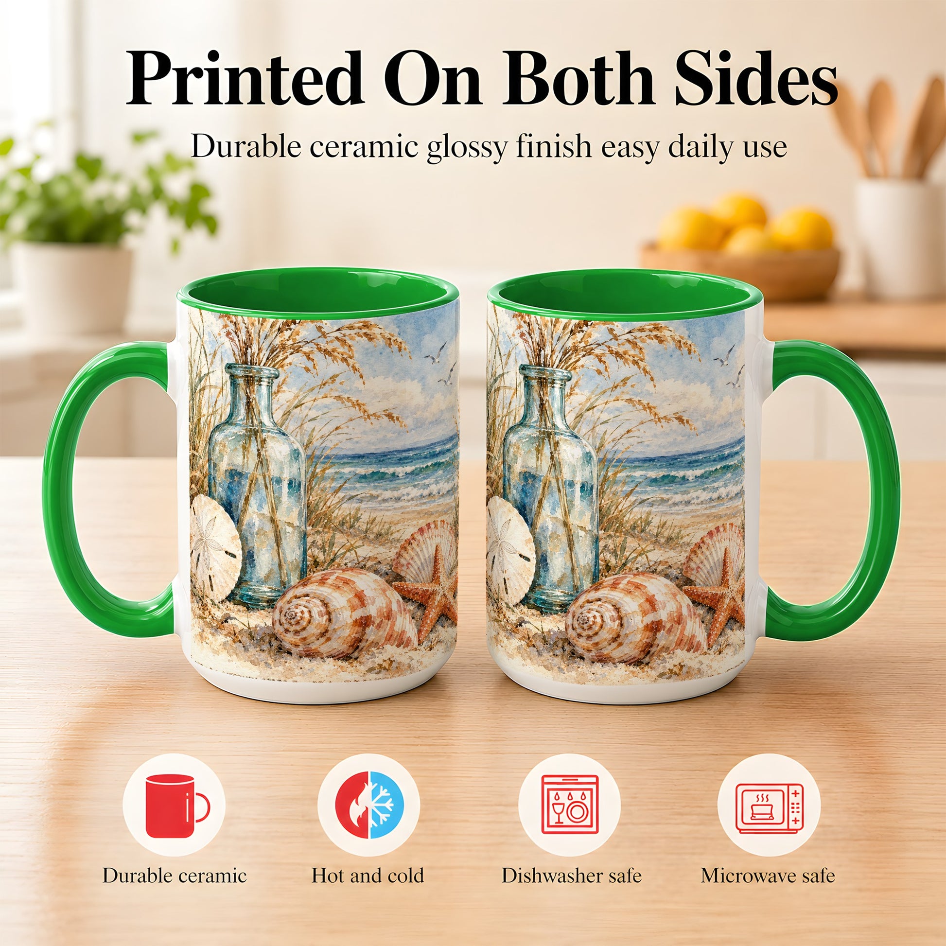 #pl[15oz|Green] Watercolor Seashell Coffee Mug, Coastal Beach Mug, Ceramic Cup