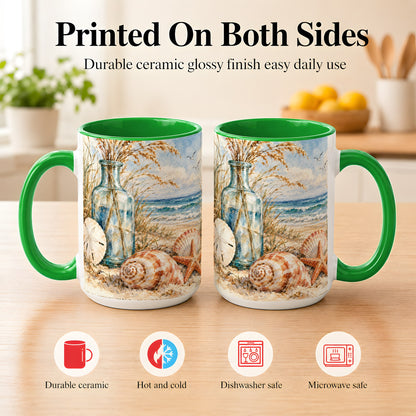 #pl[15oz|Green] Watercolor Seashell Coffee Mug, Coastal Beach Mug, Ceramic Cup