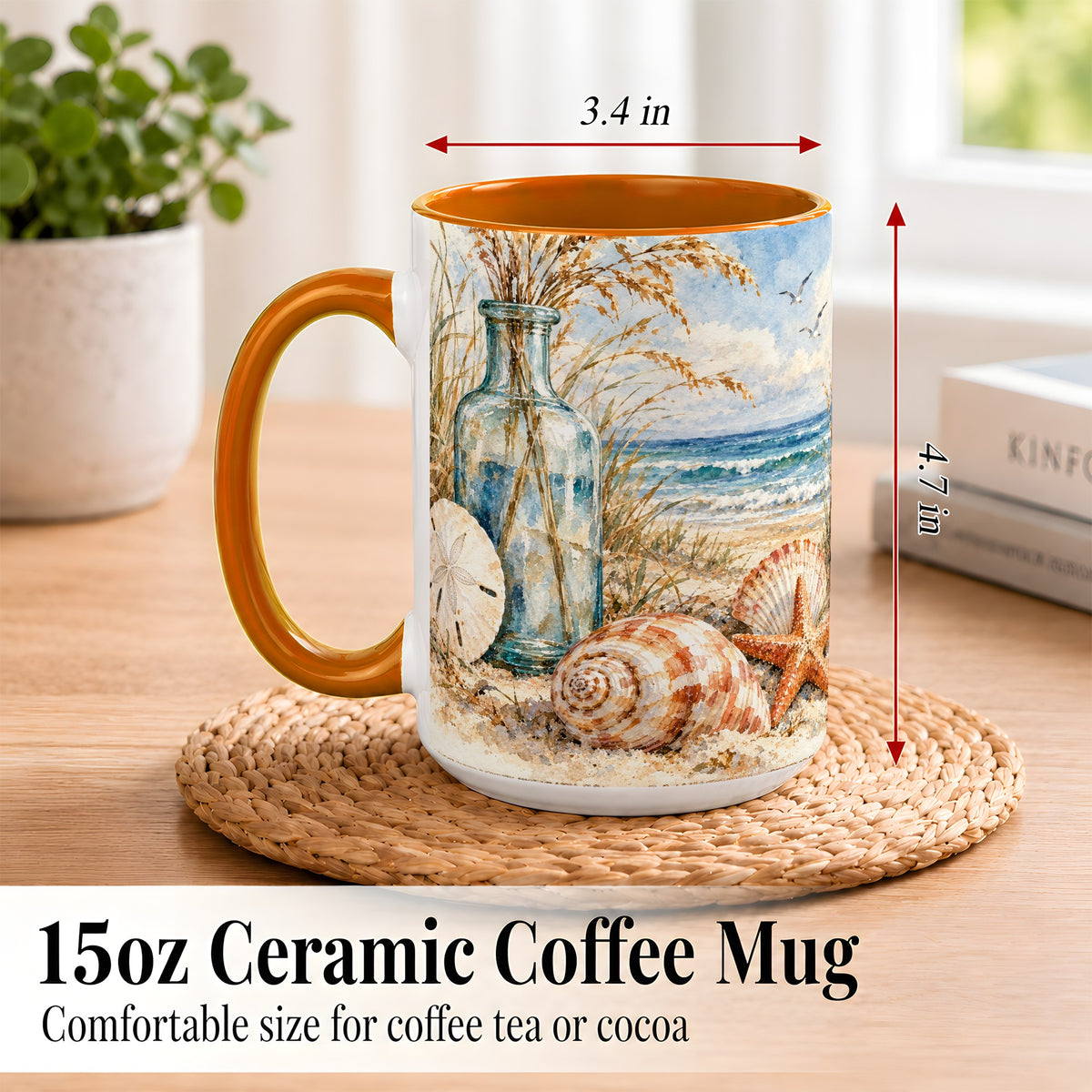 #pl[15oz|Orange] Watercolor Seashell Coffee Mug, Coastal Beach Mug, Ceramic Cup