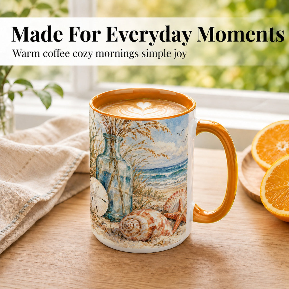 #pl[15oz|Orange] Watercolor Seashell Coffee Mug, Coastal Beach Mug, Ceramic Cup
