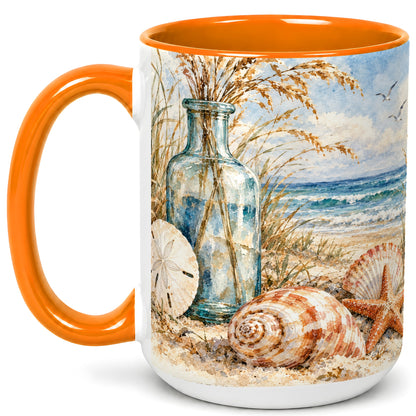 #pl[15oz|Orange] Watercolor Seashell Coffee Mug, Coastal Beach Mug, Ceramic Cup