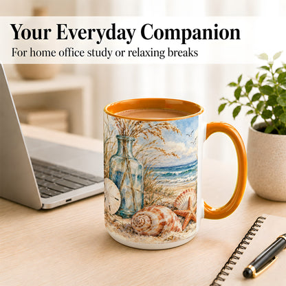 #pl[15oz|Orange] Watercolor Seashell Coffee Mug, Coastal Beach Mug, Ceramic Cup