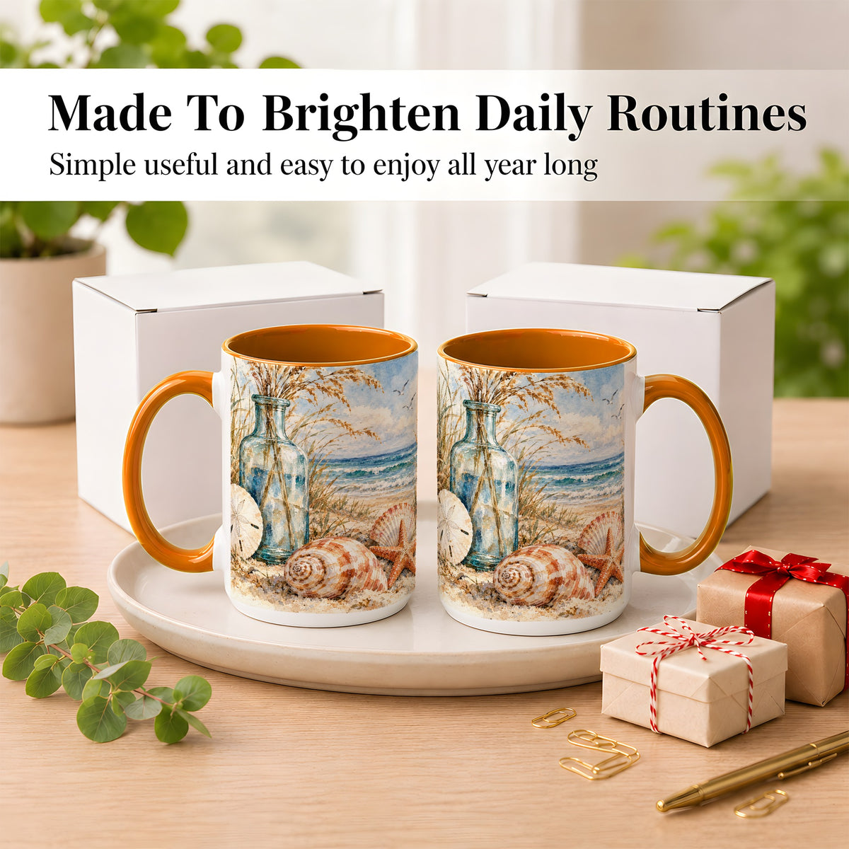 #pl[15oz|Orange] Watercolor Seashell Coffee Mug, Coastal Beach Mug, Ceramic Cup