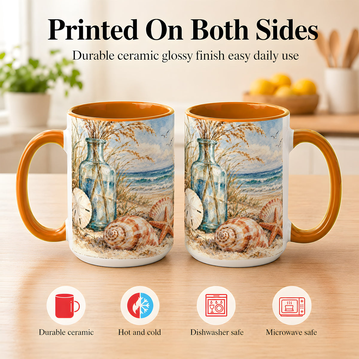 #pl[15oz|Orange] Watercolor Seashell Coffee Mug, Coastal Beach Mug, Ceramic Cup