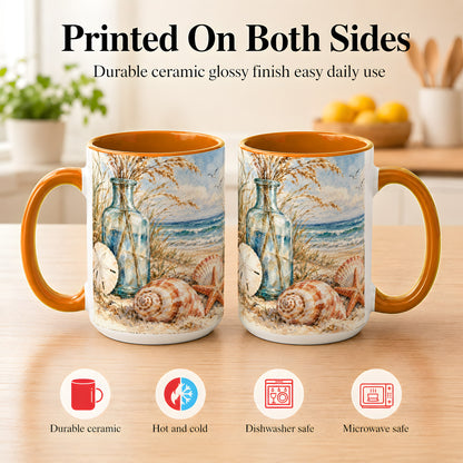 #pl[15oz|Orange] Watercolor Seashell Coffee Mug, Coastal Beach Mug, Ceramic Cup