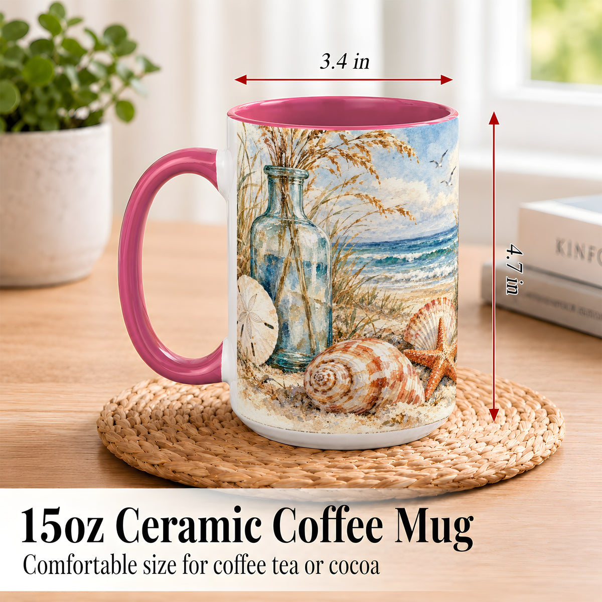 #pl[15oz|Pink] Watercolor Seashell Coffee Mug, Coastal Beach Mug, Ceramic Cup