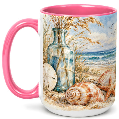 #pl[15oz|Pink] Watercolor Seashell Coffee Mug, Coastal Beach Mug, Ceramic Cup