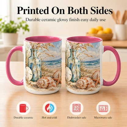 #pl[15oz|Pink] Watercolor Seashell Coffee Mug, Coastal Beach Mug, Ceramic Cup