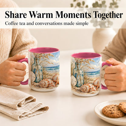 #pl[15oz|Pink] Watercolor Seashell Coffee Mug, Coastal Beach Mug, Ceramic Cup