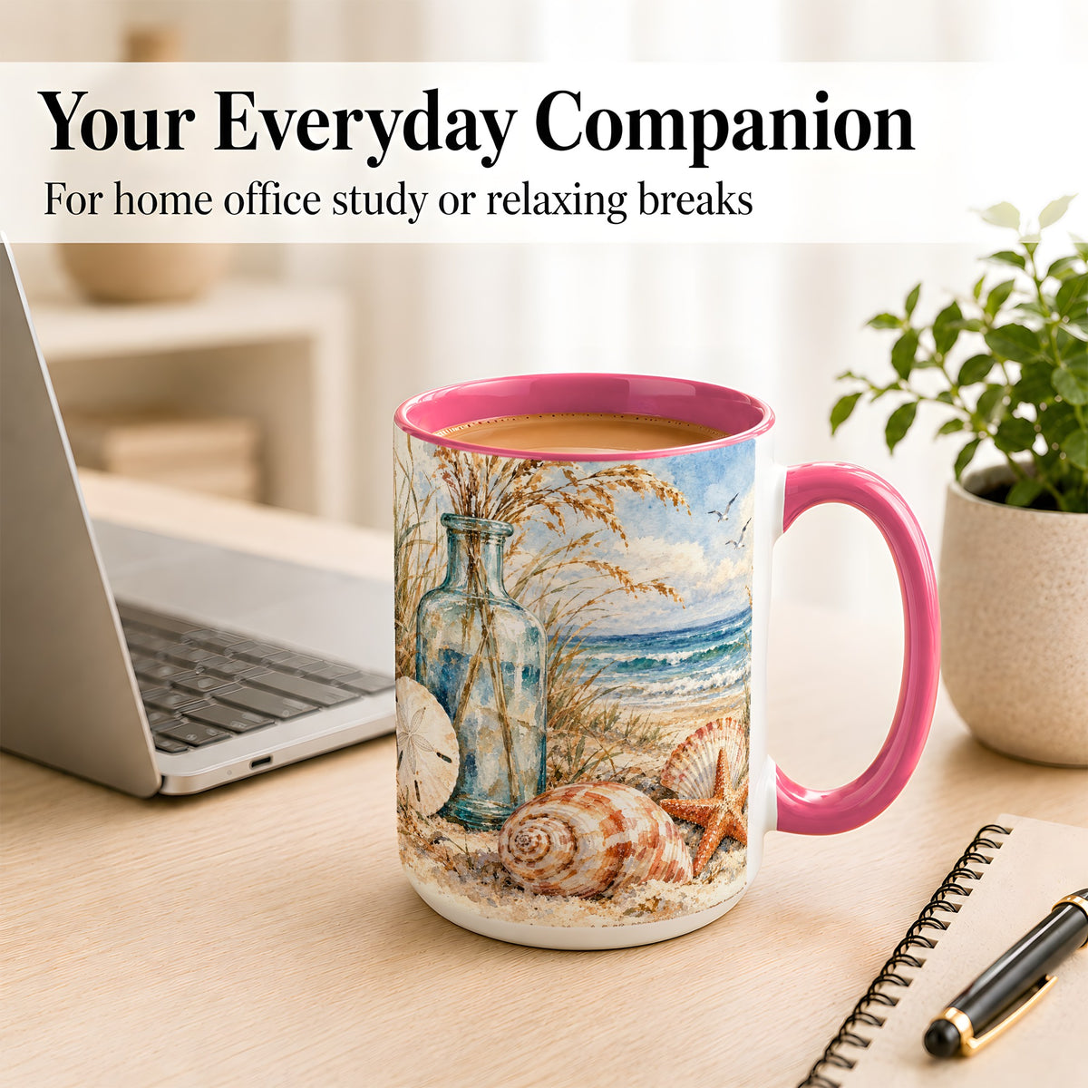 #pl[15oz|Pink] Watercolor Seashell Coffee Mug, Coastal Beach Mug, Ceramic Cup