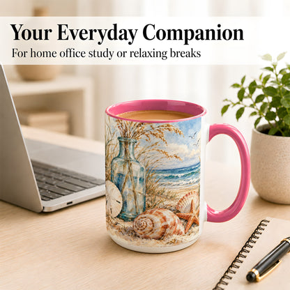 #pl[15oz|Pink] Watercolor Seashell Coffee Mug, Coastal Beach Mug, Ceramic Cup
