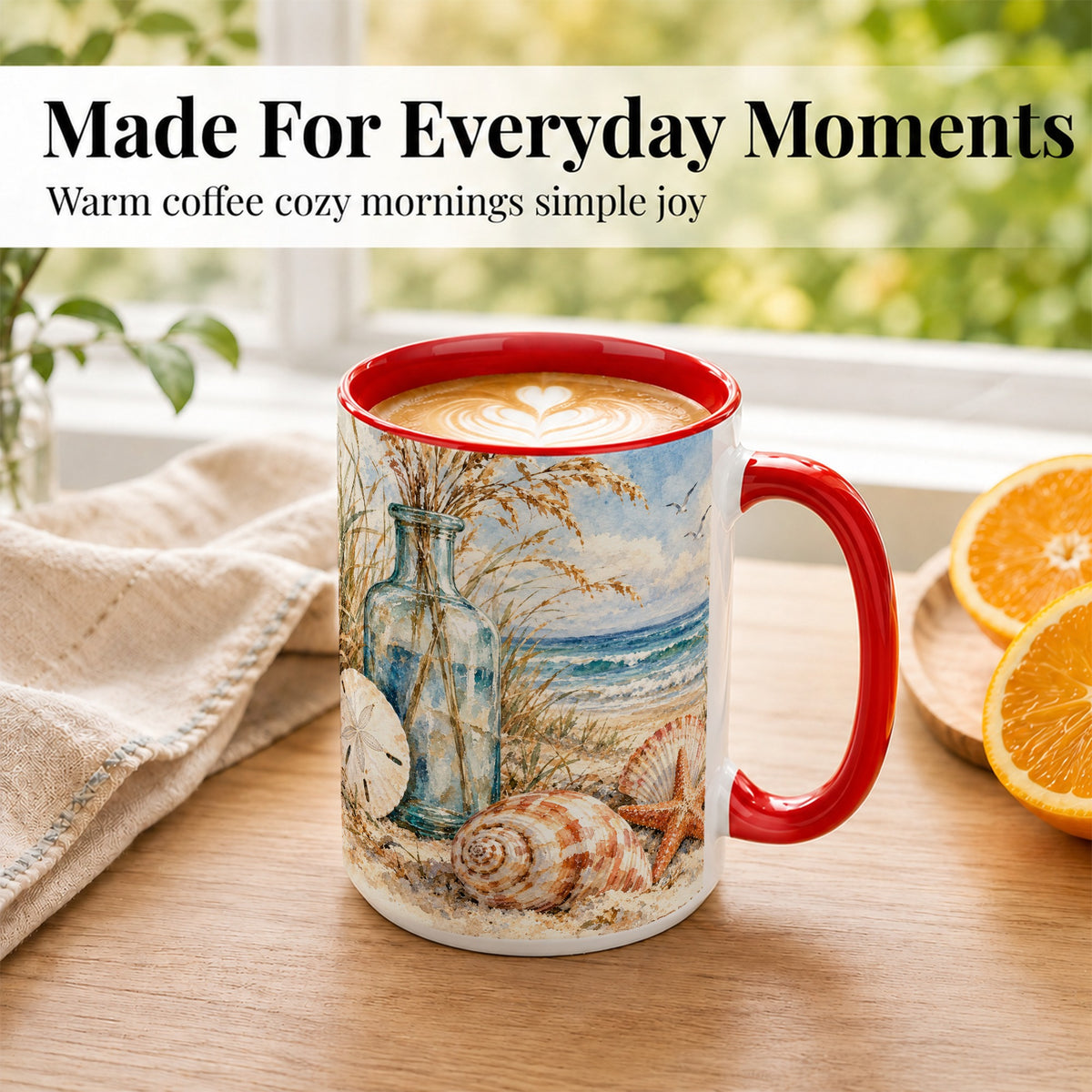 #pl[15oz|Red] Watercolor Seashell Coffee Mug, Coastal Beach Mug, Ceramic Cup