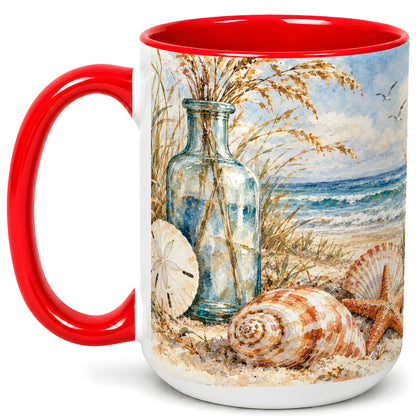 #pl[15oz|Red] Watercolor Seashell Coffee Mug, Coastal Beach Mug, Ceramic Cup