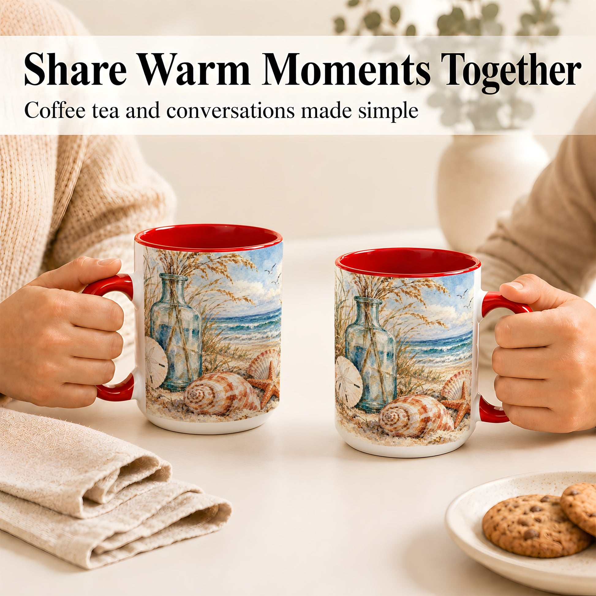 #pl[15oz|Red] Watercolor Seashell Coffee Mug, Coastal Beach Mug, Ceramic Cup