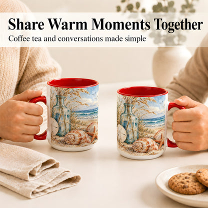 #pl[15oz|Red] Watercolor Seashell Coffee Mug, Coastal Beach Mug, Ceramic Cup