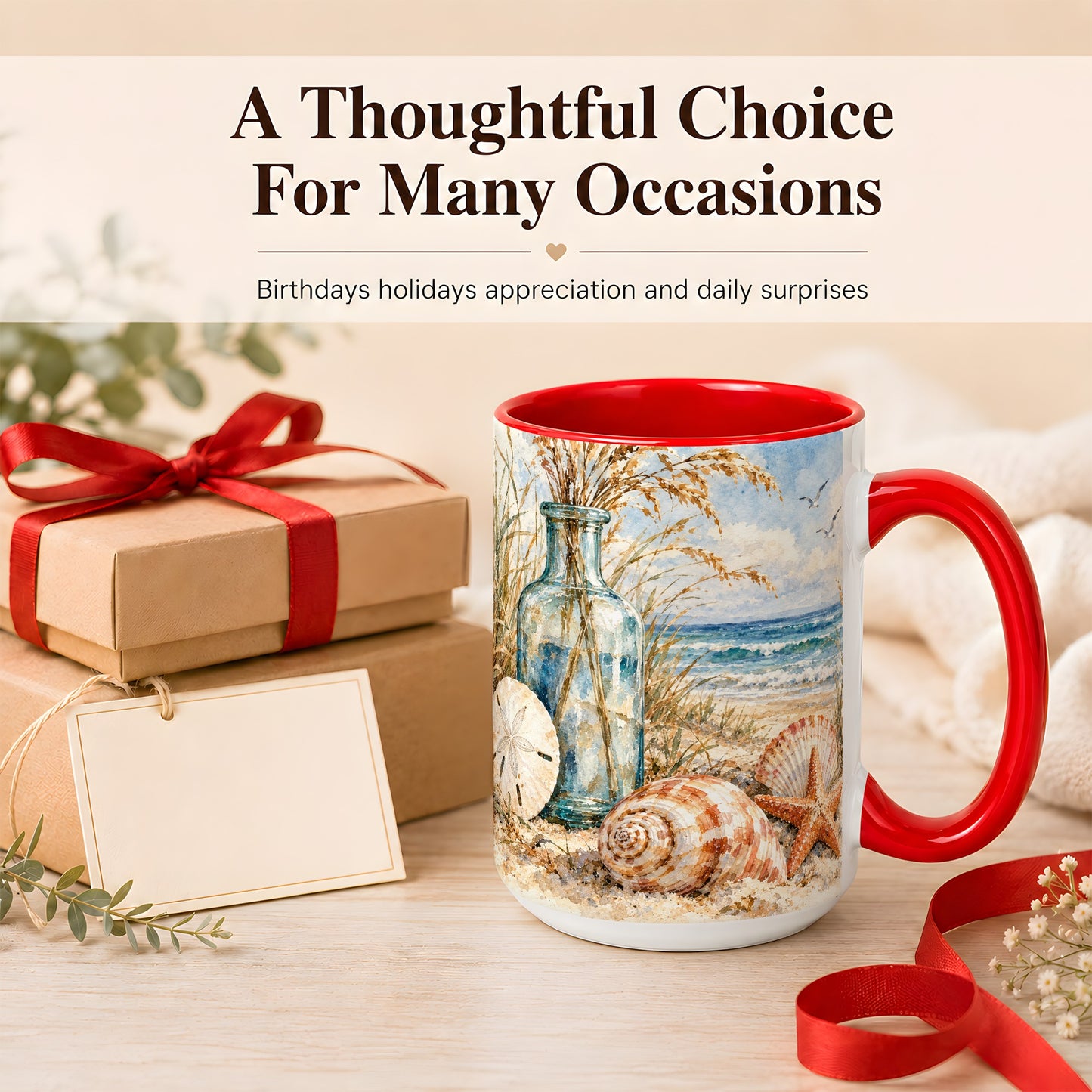 #pl[15oz|Red] Watercolor Seashell Coffee Mug, Coastal Beach Mug, Ceramic Cup