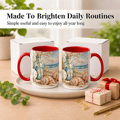 #pl[15oz|Red] Watercolor Seashell Coffee Mug, Coastal Beach Mug, Ceramic Cup