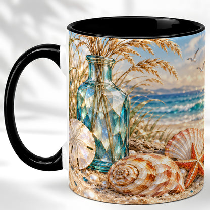 #pl[11oz|Black] Faceted Seashell Coffee Mug, Coastal Mosaic Style Mug, Ceramic Cup