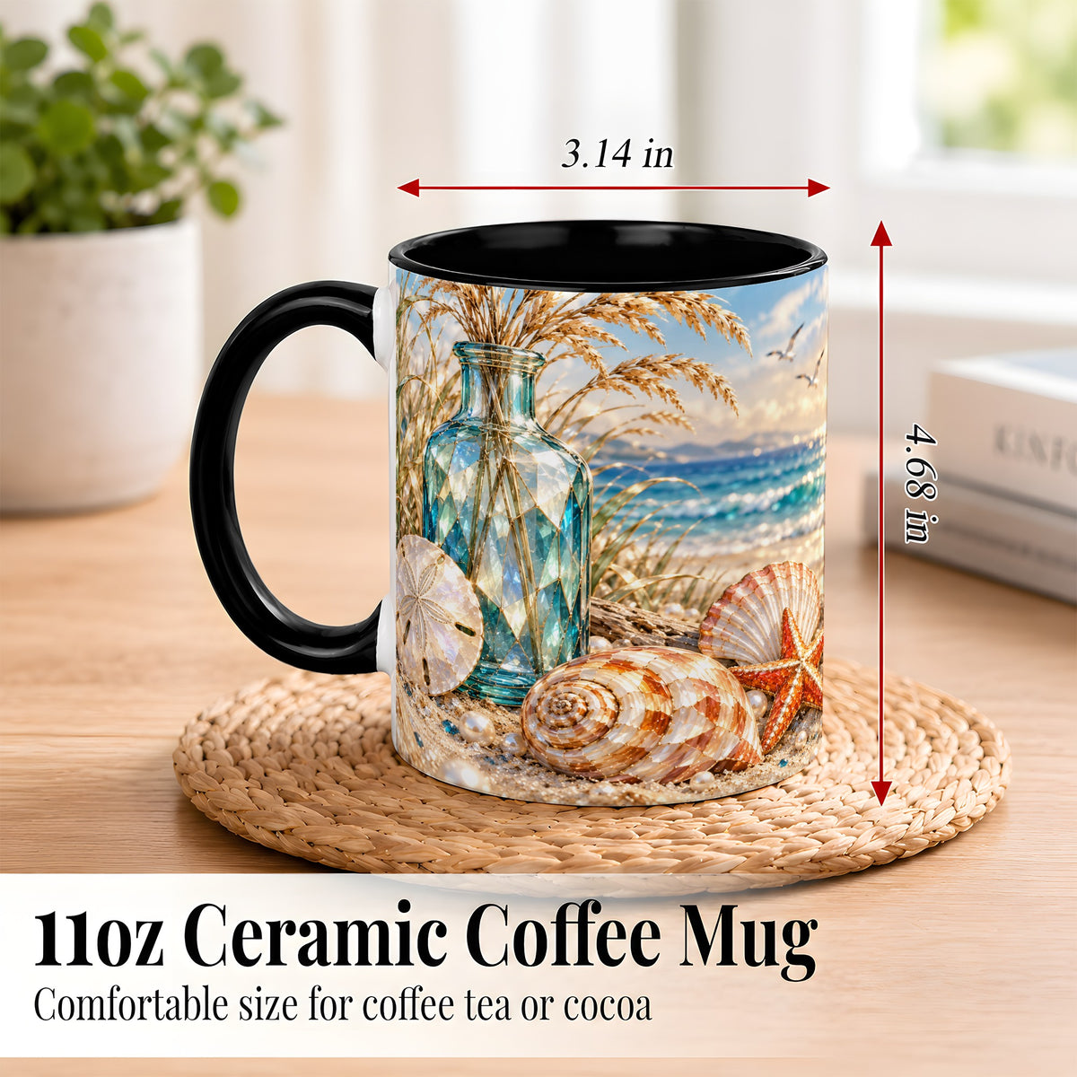 #pl[11oz|Black] Faceted Seashell Coffee Mug, Coastal Mosaic Style Mug, Ceramic Cup