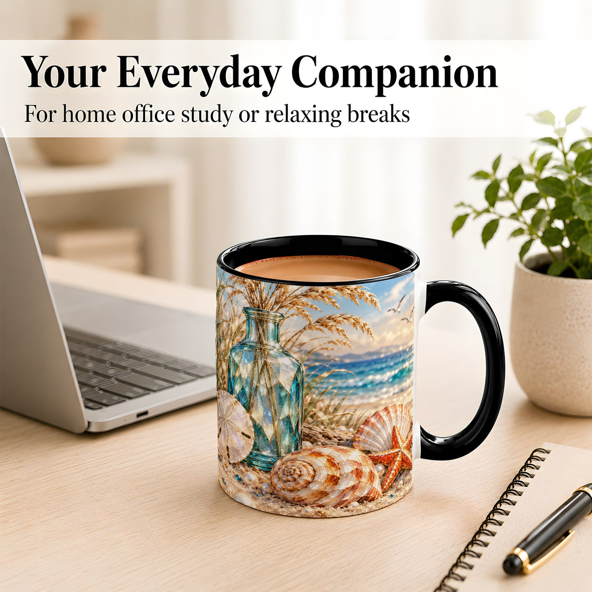 #pl[11oz|Black] Faceted Seashell Coffee Mug, Coastal Mosaic Style Mug, Ceramic Cup