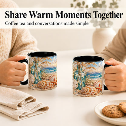 #pl[11oz|Black] Faceted Seashell Coffee Mug, Coastal Mosaic Style Mug, Ceramic Cup
