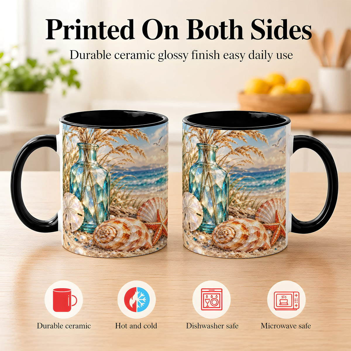#pl[11oz|Black] Faceted Seashell Coffee Mug, Coastal Mosaic Style Mug, Ceramic Cup