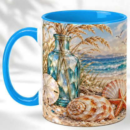 #pl[11oz|Blue] Faceted Seashell Coffee Mug, Coastal Mosaic Style Mug, Ceramic Cup