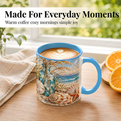 #pl[11oz|Blue] Faceted Seashell Coffee Mug, Coastal Mosaic Style Mug, Ceramic Cup