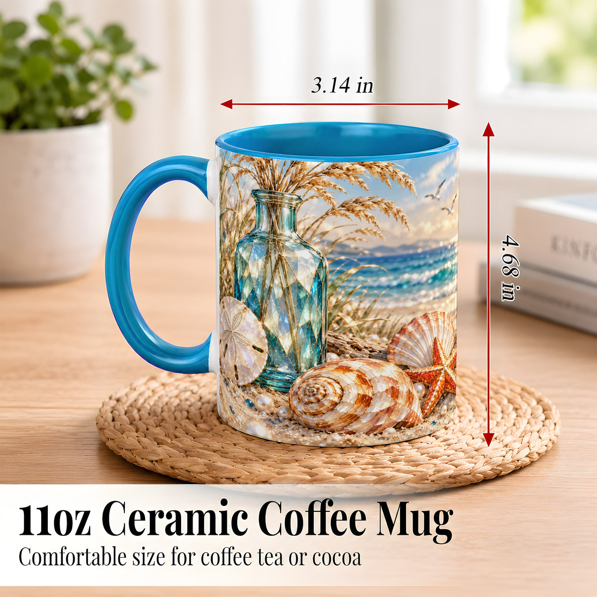 #pl[11oz|Blue] Faceted Seashell Coffee Mug, Coastal Mosaic Style Mug, Ceramic Cup