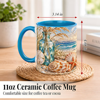 #pl[11oz|Blue] Faceted Seashell Coffee Mug, Coastal Mosaic Style Mug, Ceramic Cup