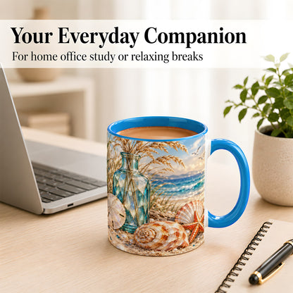 #pl[11oz|Blue] Faceted Seashell Coffee Mug, Coastal Mosaic Style Mug, Ceramic Cup