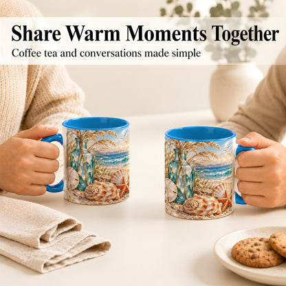 #pl[11oz|Blue] Faceted Seashell Coffee Mug, Coastal Mosaic Style Mug, Ceramic Cup