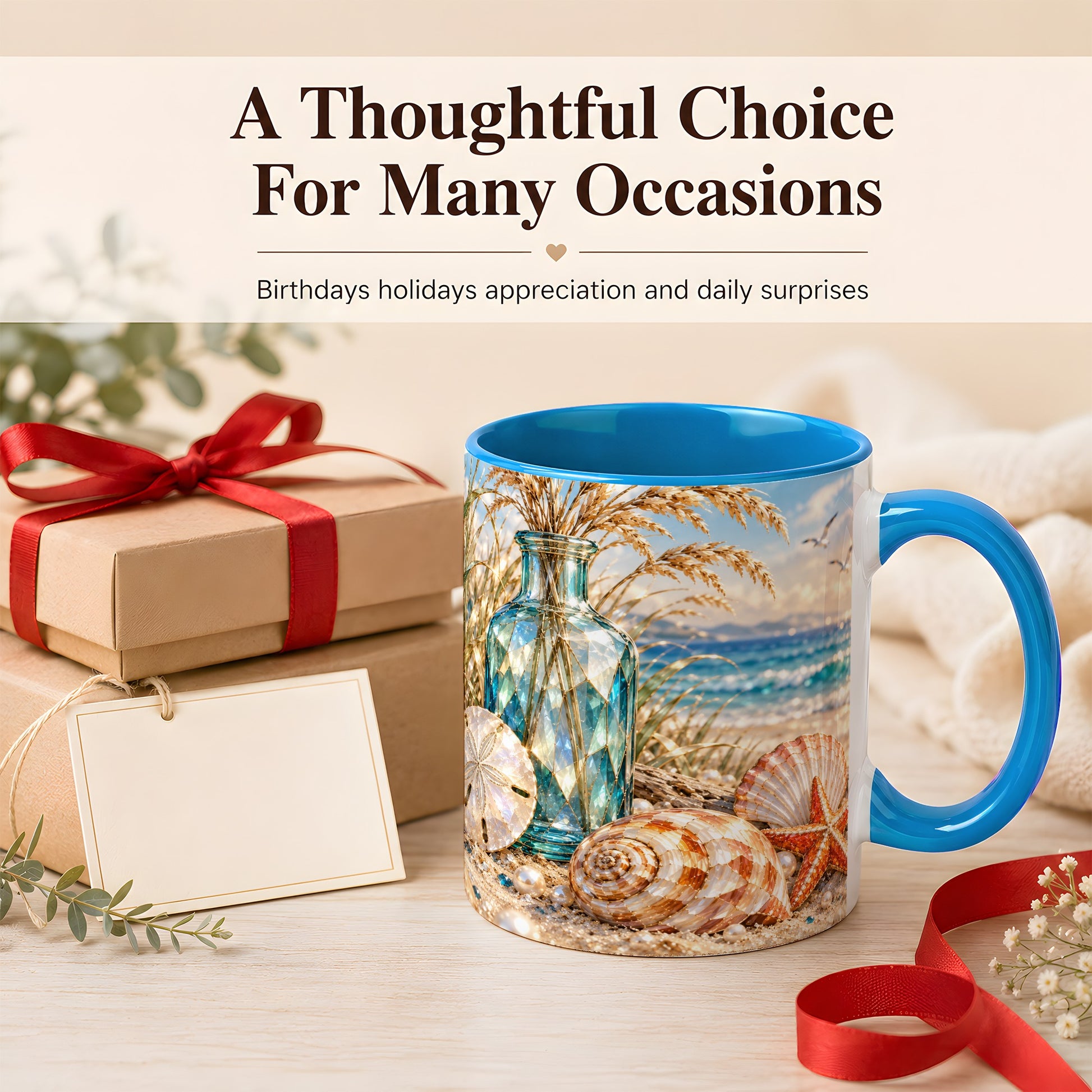 #pl[11oz|Blue] Faceted Seashell Coffee Mug, Coastal Mosaic Style Mug, Ceramic Cup