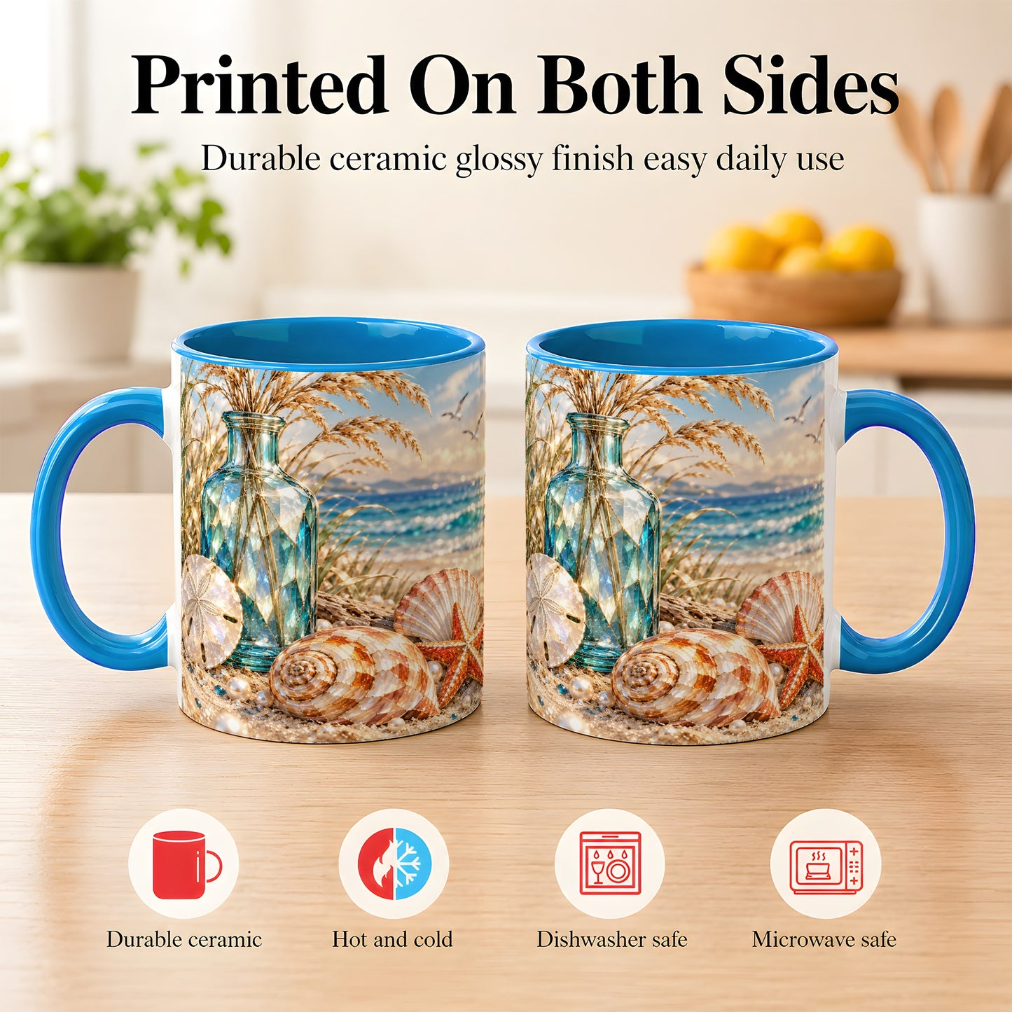 #pl[11oz|Blue] Faceted Seashell Coffee Mug, Coastal Mosaic Style Mug, Ceramic Cup