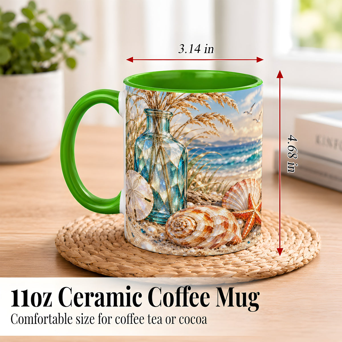 #pl[11oz|Green] Faceted Seashell Coffee Mug, Coastal Mosaic Style Mug, Ceramic Cup