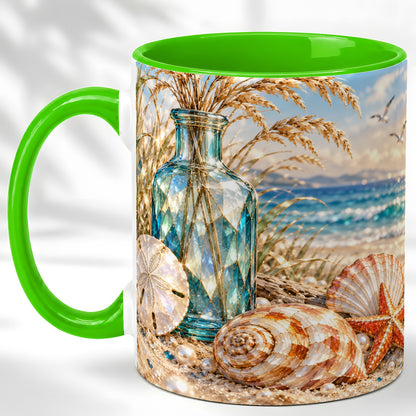 #pl[11oz|Green] Faceted Seashell Coffee Mug, Coastal Mosaic Style Mug, Ceramic Cup