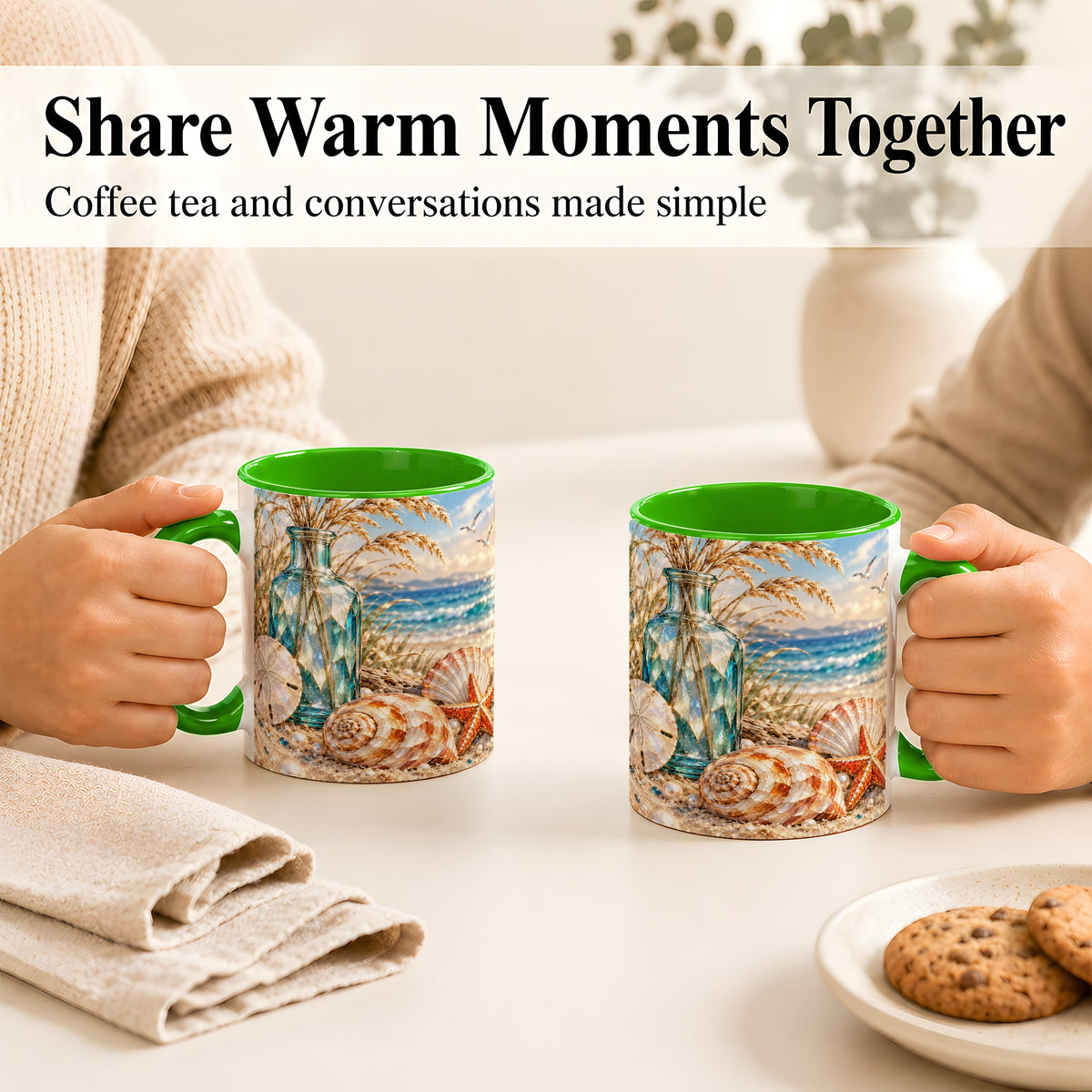#pl[11oz|Green] Faceted Seashell Coffee Mug, Coastal Mosaic Style Mug, Ceramic Cup