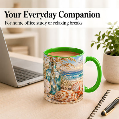#pl[11oz|Green] Faceted Seashell Coffee Mug, Coastal Mosaic Style Mug, Ceramic Cup