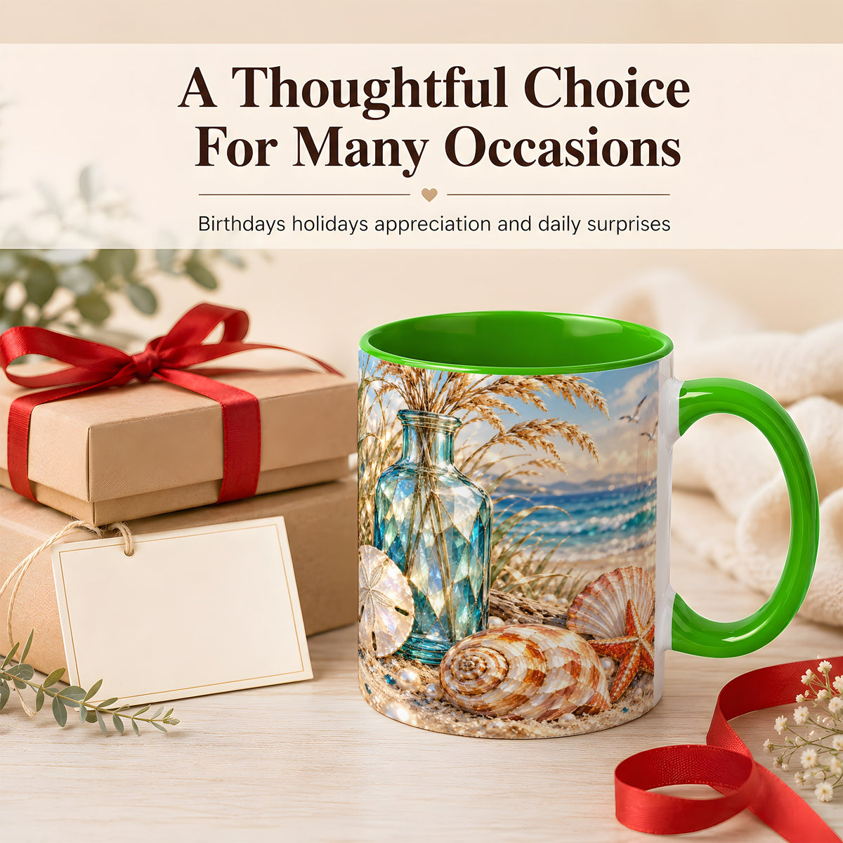 #pl[11oz|Green] Faceted Seashell Coffee Mug, Coastal Mosaic Style Mug, Ceramic Cup