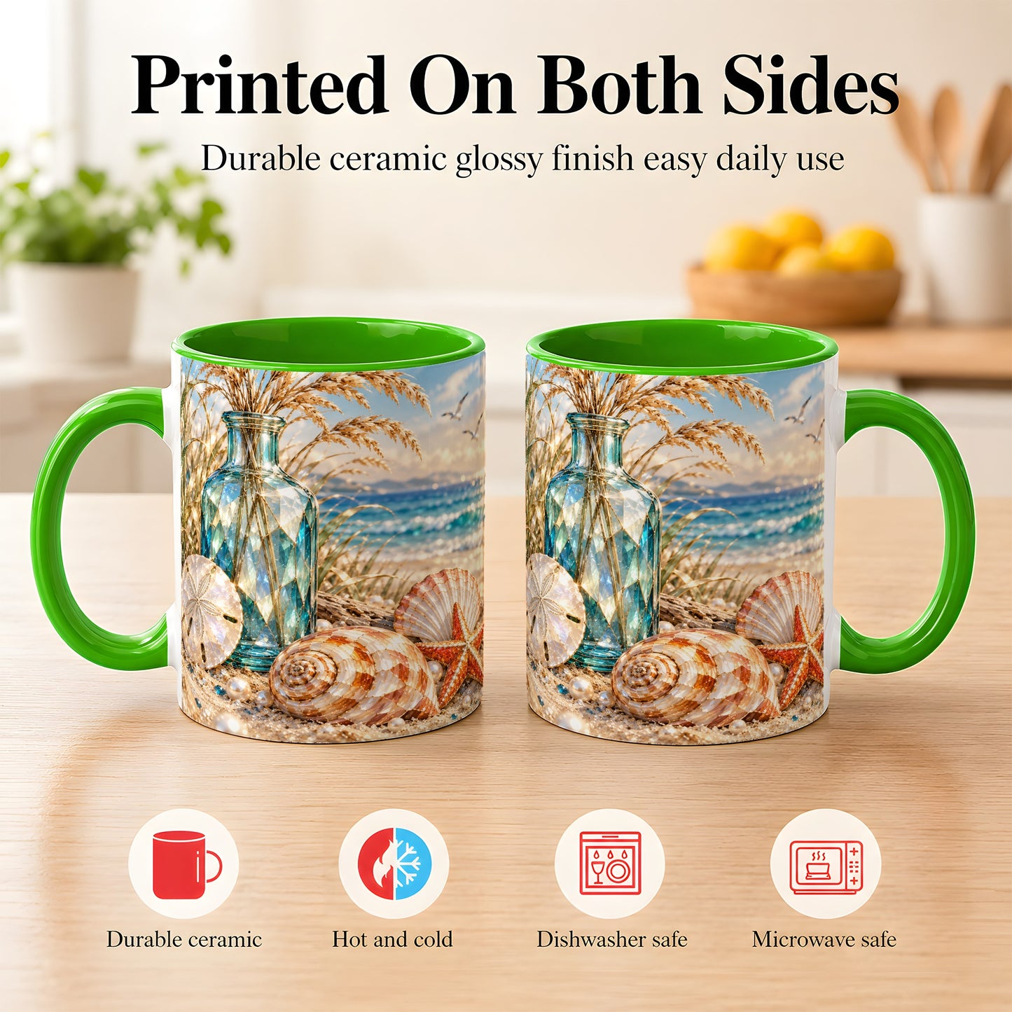 #pl[11oz|Green] Faceted Seashell Coffee Mug, Coastal Mosaic Style Mug, Ceramic Cup