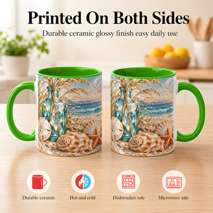 #pl[11oz|Green] Faceted Seashell Coffee Mug, Coastal Mosaic Style Mug, Ceramic Cup