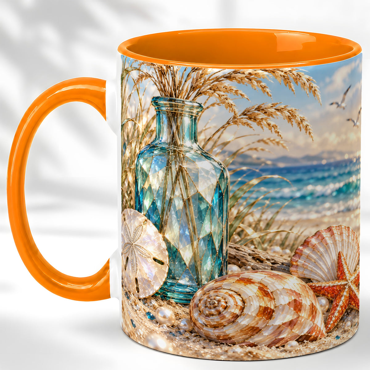 #pl[11oz|Orange] Faceted Seashell Coffee Mug, Coastal Mosaic Style Mug, Ceramic Cup