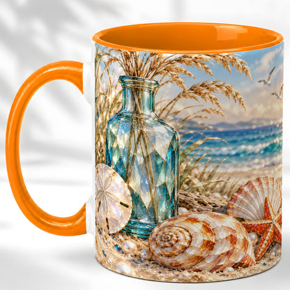 #pl[11oz|Orange] Faceted Seashell Coffee Mug, Coastal Mosaic Style Mug, Ceramic Cup