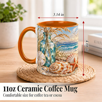 #pl[11oz|Orange] Faceted Seashell Coffee Mug, Coastal Mosaic Style Mug, Ceramic Cup