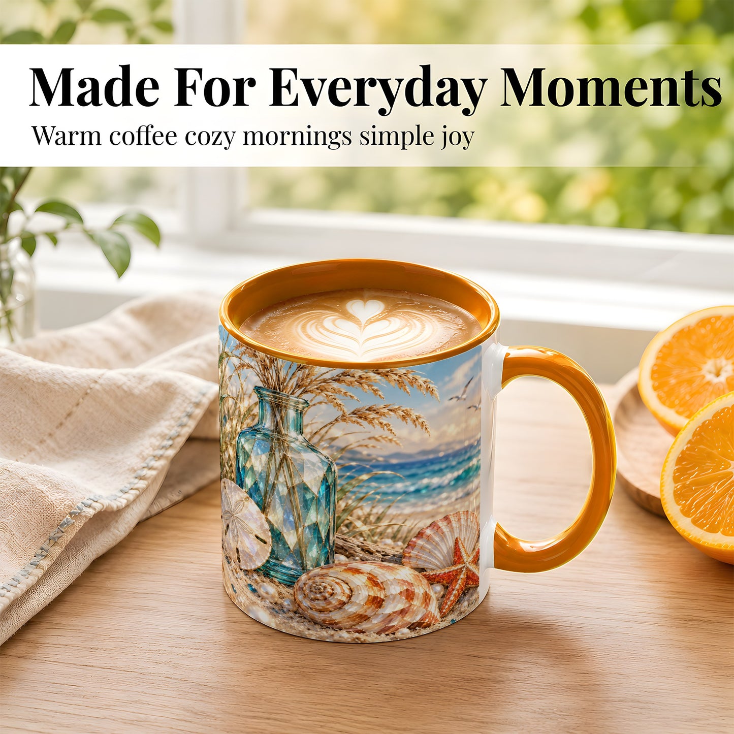 #pl[11oz|Orange] Faceted Seashell Coffee Mug, Coastal Mosaic Style Mug, Ceramic Cup