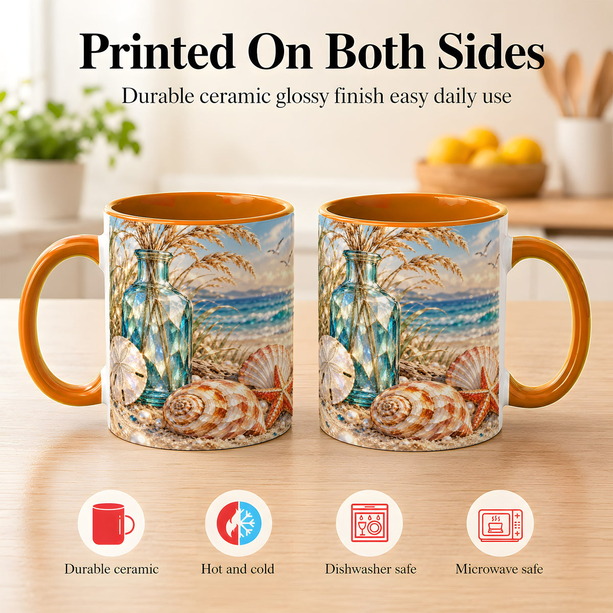 #pl[11oz|Orange] Faceted Seashell Coffee Mug, Coastal Mosaic Style Mug, Ceramic Cup