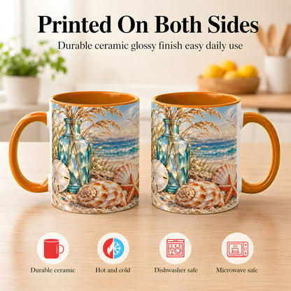 #pl[11oz|Orange] Faceted Seashell Coffee Mug, Coastal Mosaic Style Mug, Ceramic Cup
