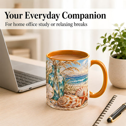 #pl[11oz|Orange] Faceted Seashell Coffee Mug, Coastal Mosaic Style Mug, Ceramic Cup